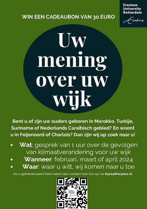 Oproep FLYER onderzoek Erasmus Uni wijken Rotterdam klimaat caribisch